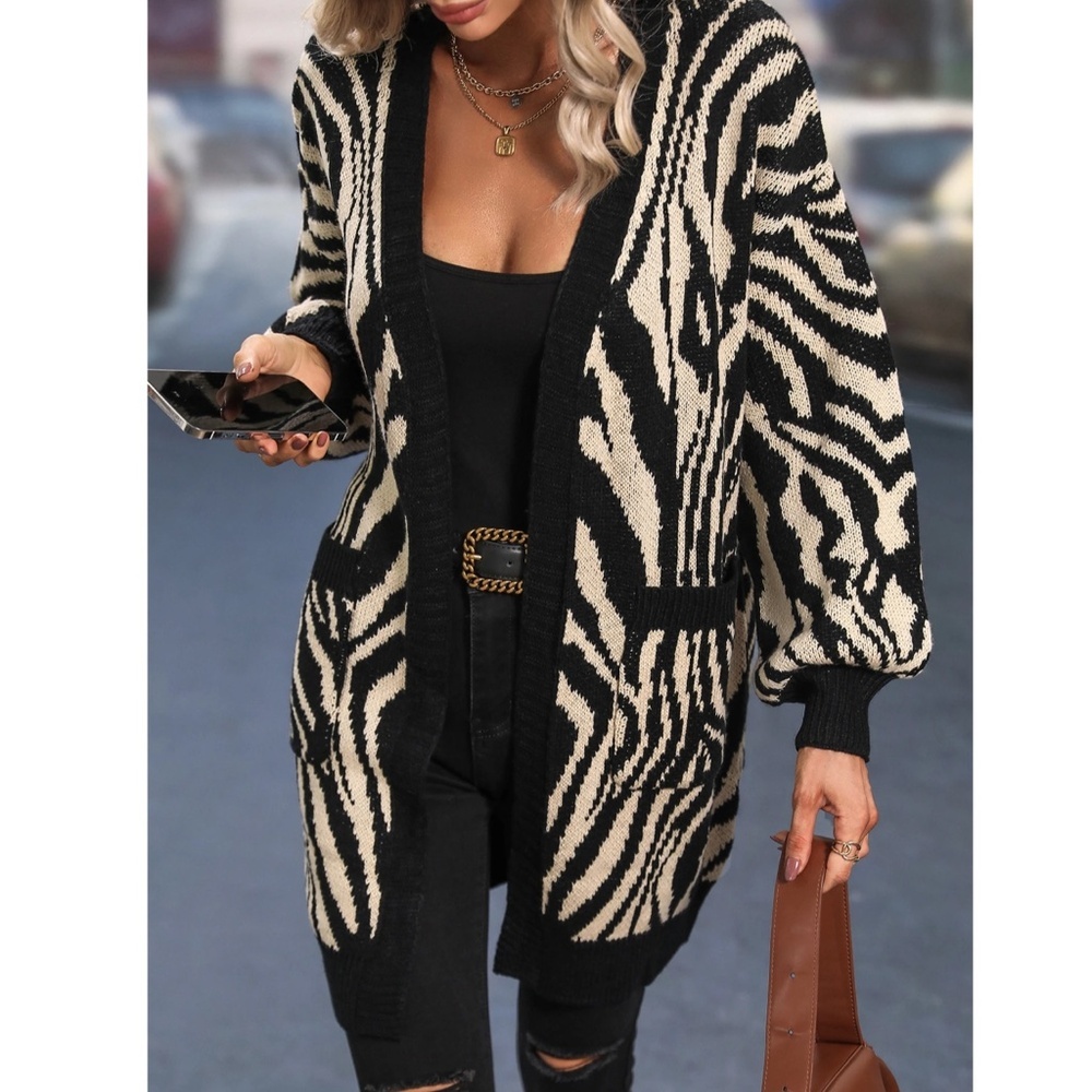 Zebra Animal Print Beige and Black Open Cardigan Pockets Long Sleeve